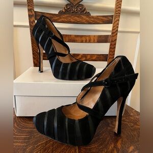 L.A.M.B. Suede and Leather Striped Stiletto Platform Heels with Crossover Straps